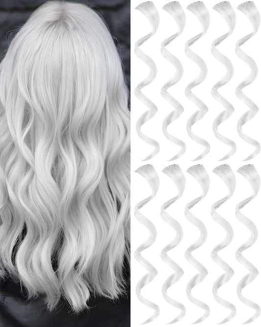 Olldag 10 PCS White Hair Extensions Clip-in, Curly Wavy Synthetic Hairpieces Clip in Rainbow Neon Party Highlights, Colorful Hair Accessories for Kids Girls Women