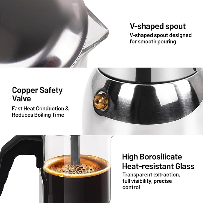 9 Cup Glass Clear Moka Pot Thickened 304 Stainless Steel Stovetop Espresso Maker Italian Coffee Machine 450ml 15oz Classic Mocha Cafe Greca Coffee Suitable for Gas Induction