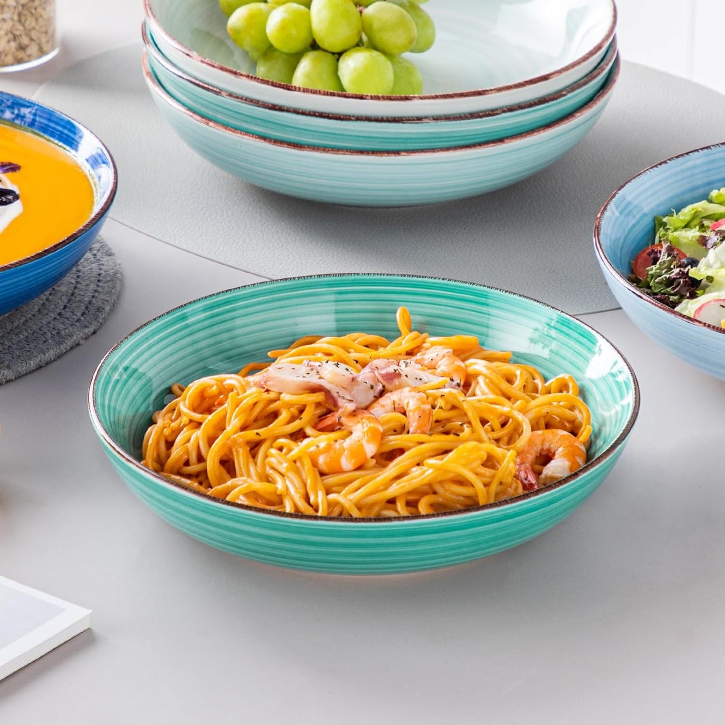 vancasso Bonita Pasta Bowls Set of 6, 50oz Large Salad Bowls for Kitchen, Stoneware Serving Bowls Dishwasher & Microwave Safe, Blue Bowl Set
