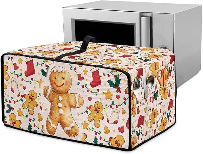 Countertop Convection Oven Cover Dust-Proof Toaster Oven Cover with Accessories Pockets, Countertop Convection Oven Protector, L, Gingerbread Man Christmas String Lights