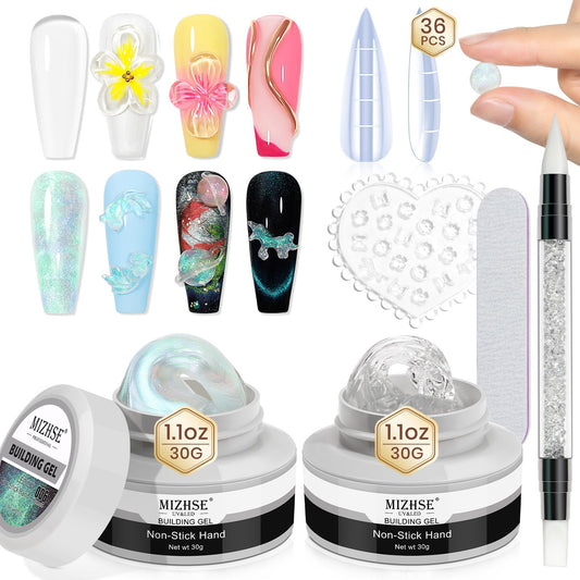 MIZHSE Solid Builder Gel for Nails Mermaid Pearl & Clear Kit with Nail Forms, 3D Silicone Mold, Soak-off U V Gel Kit for Home DIY Manicure
