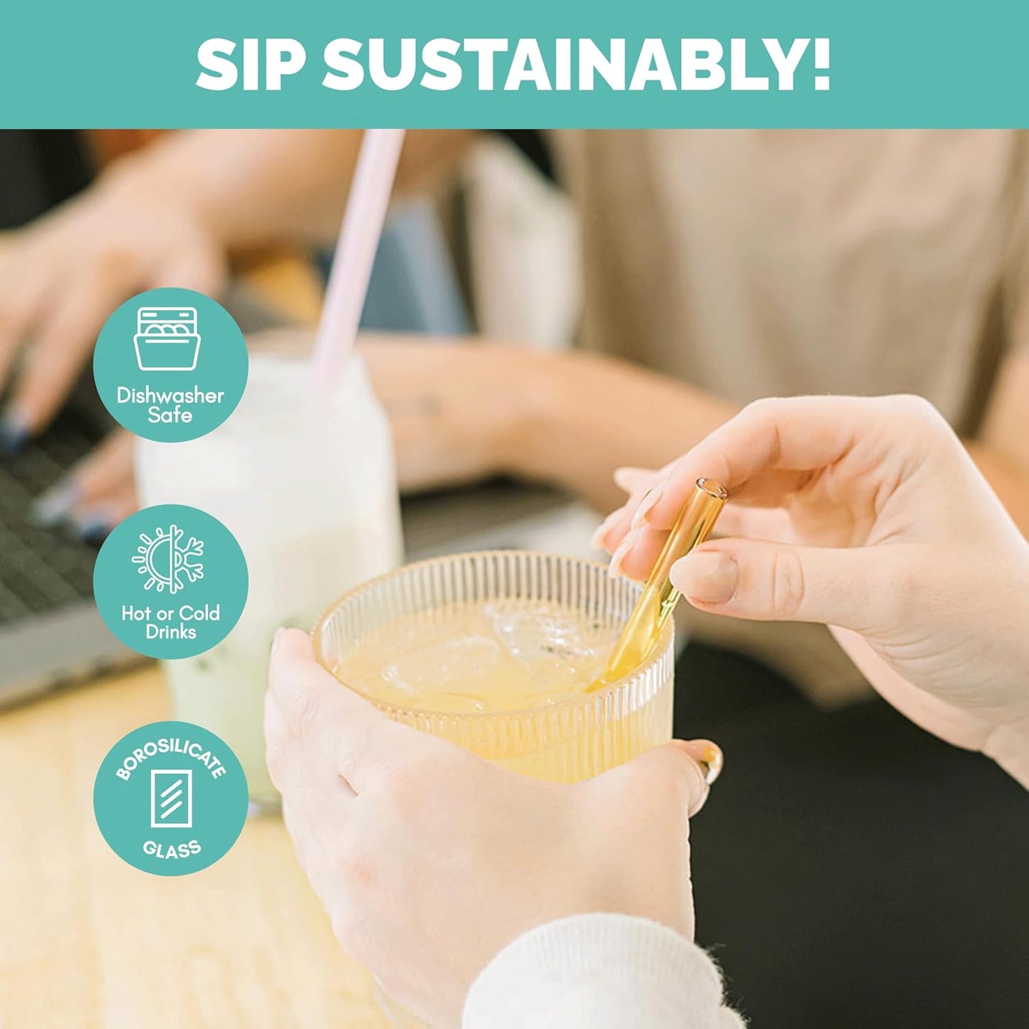 Simply Straws 10 Inch Glass Straws Straight (6-Pack) – Reusable Glass Straws for 24 Oz Mason Jars & Tumblers, with Cleaning Brush – Durable, Dishwasher Safe, Hot & Cold Use, BPA-Free (Fjord Mist)