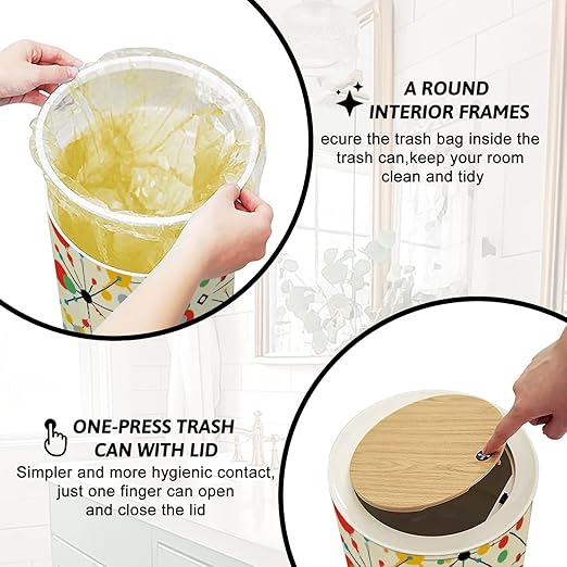 Trash Can with Lid Mid Century Fifties Modern Atomic Retro Colors Seamless Part Press Top Round Small Garbage Bin with Wooden Legs Waste Basket for Kitchen Bedroom Nursery 7L/1.8 Gallon