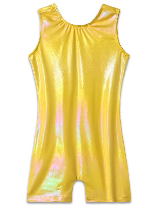 TENVDA Gymnastics Leotards for Girls 5 6 Years Old Metallic Sparkly Holographic Gold Tumbling Biketard Unitard
