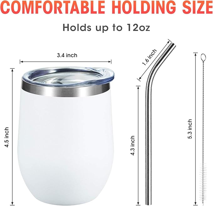 COMOOO 12oz Stainless Steel Wine Tumbler Lid and Straw, Double Wall Vacuum Insulated Wine Tumbler Cup, Stemless Wine Tumbler, Coffee, Wine, Cocktails, Ice Cream Cup White,12 Pack
