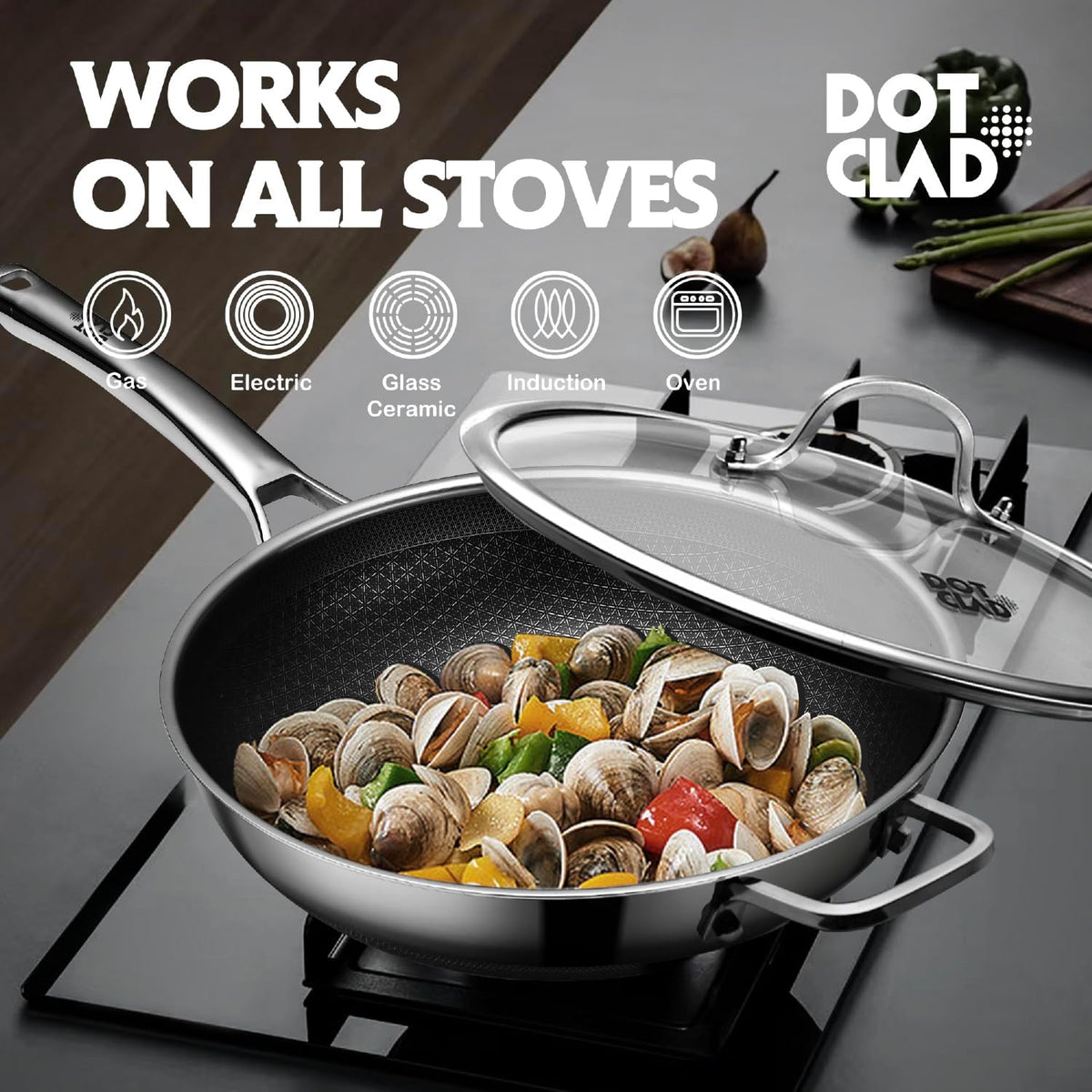 Wok pan,Hybrid 12 inch Wok with Lid, PFOA Free Cookware,non stick Stainless Steel Woks & Stir-fry pans Nonstick, Dishwasher and Oven Safe, Works on Induction