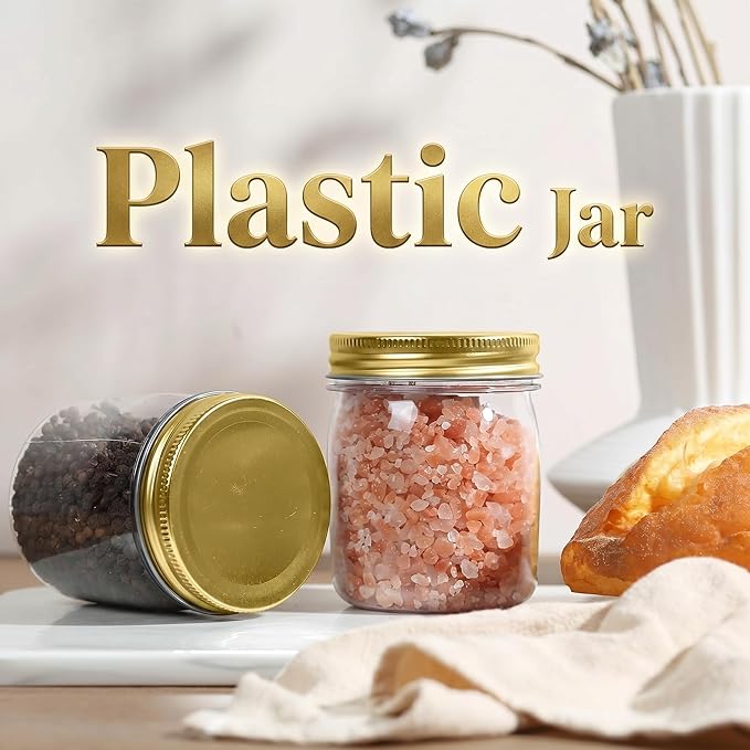 novelinks 8 oz Clear Plastic Jars with Airtight Lids, 16 Pack Plastic Mason Jars with Lids 8oz, Refillable Storage Slime Containers & Small Spice Jar for Kitchen Organization (16 Pack,Gold)