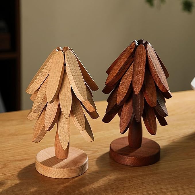 Natural Wood Tree Trivet Set, 𝐍atural Tree Trivet Set - 4 Wooden Trivets,4 Wooden 𝐓rivets & 1 Stand Like a Christmas Trees,for Hot Dish,Pot,Bowl,Teapot,Hot Pot Sets (Natural Wood 3 Trivets,3set)