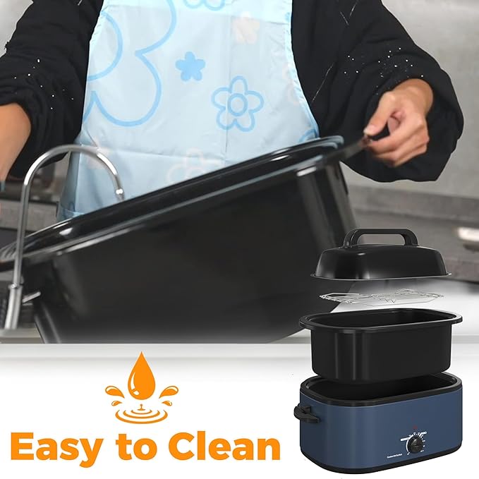 26Qt Turkey Roaster Oven Buffet with Self-Basting Lid, 1450W Electric Roaster Oven with Cool-Touch Handles, with Removable Pan and Rack, Blue