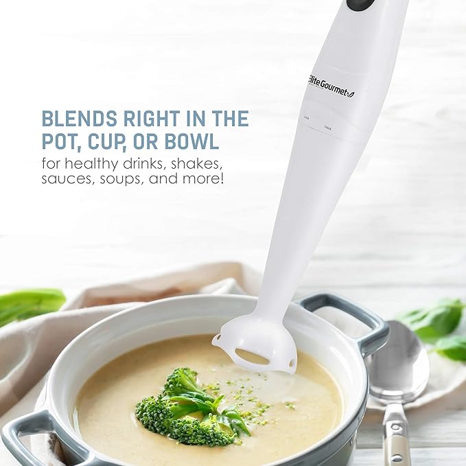 Elite Gourmet EHB-2425X Electric Immersion Hand Blender, Mixer, Chopper, 1-Touch Control Multi Purpose Electric Immersion Stick, Mixer, Chopper, 150 Watts, For Soups, Sauces, Baby Food, White