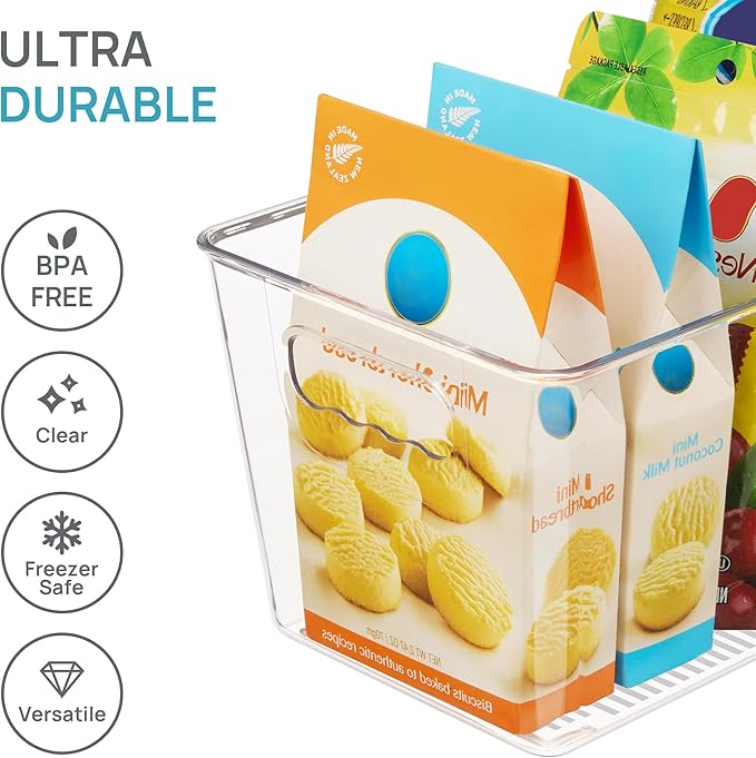 Vtopmart Clear Plastic Storage Bins, 6 PCS Pantry Organizer Bins with Handle for Refrigerator, Fridge, Cabinet, Kitchen, Countertops, Cupboard, Freezer Organization,Medium