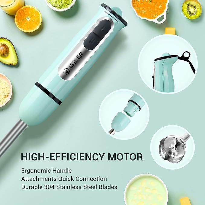 Immersion Hand Blender, ISILER 5-in-1 500-Watt Multi-Purpose Stick Blender with 860ml Food Chopper, 600ml Container, Milk Frother, Egg Whisk, 8-Speed for Puree Infant Food Smoothies Soups