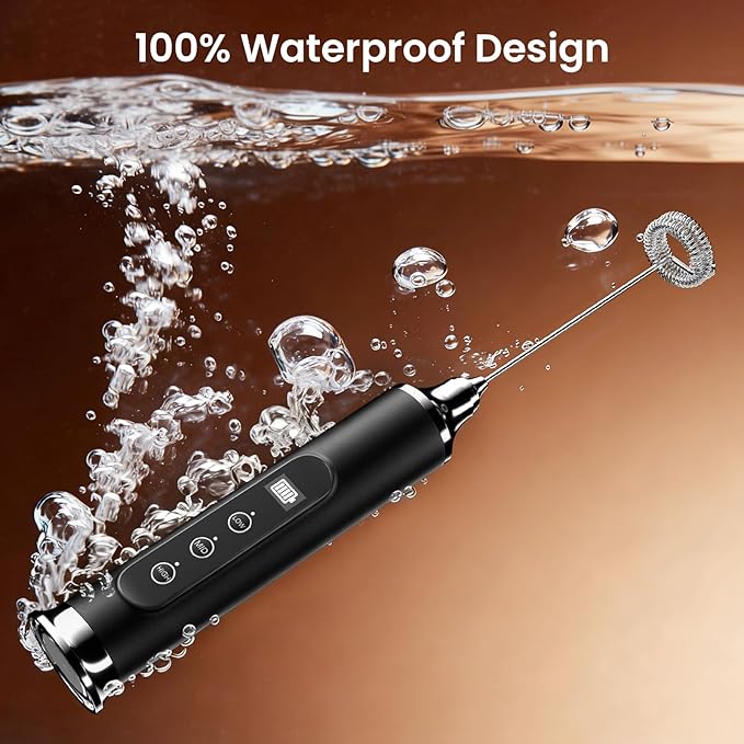 YUSWKO Black Milk Frother Wand for Coffee with Stand, Handheld Coffee Frother, Rechargeable Drink Mixer, Waterproof Electric Whisk