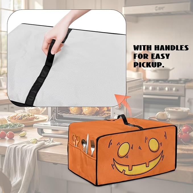 Air Fryer Toaster Oven Cover Fabric Convection Oven Cover with Pockets, Washable Small Appliance Dust Protection, M, Cartoon Pumpkin Face Pattern Halloween Decor