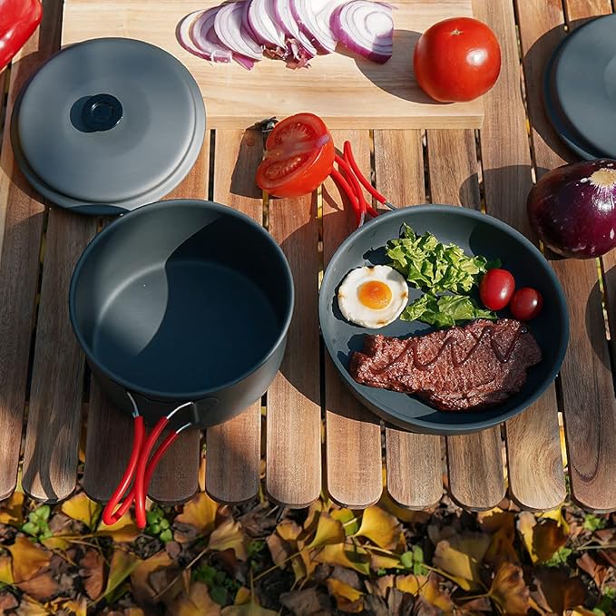 Alocs Camping Cookware Set Camping Gear, Compact Camping Pots and Pans Set, Durable Hard Alumina Camping Cooking Set for Outdoor Backpacking Camping Hiking Picnic, Included Mesh Carry Bag