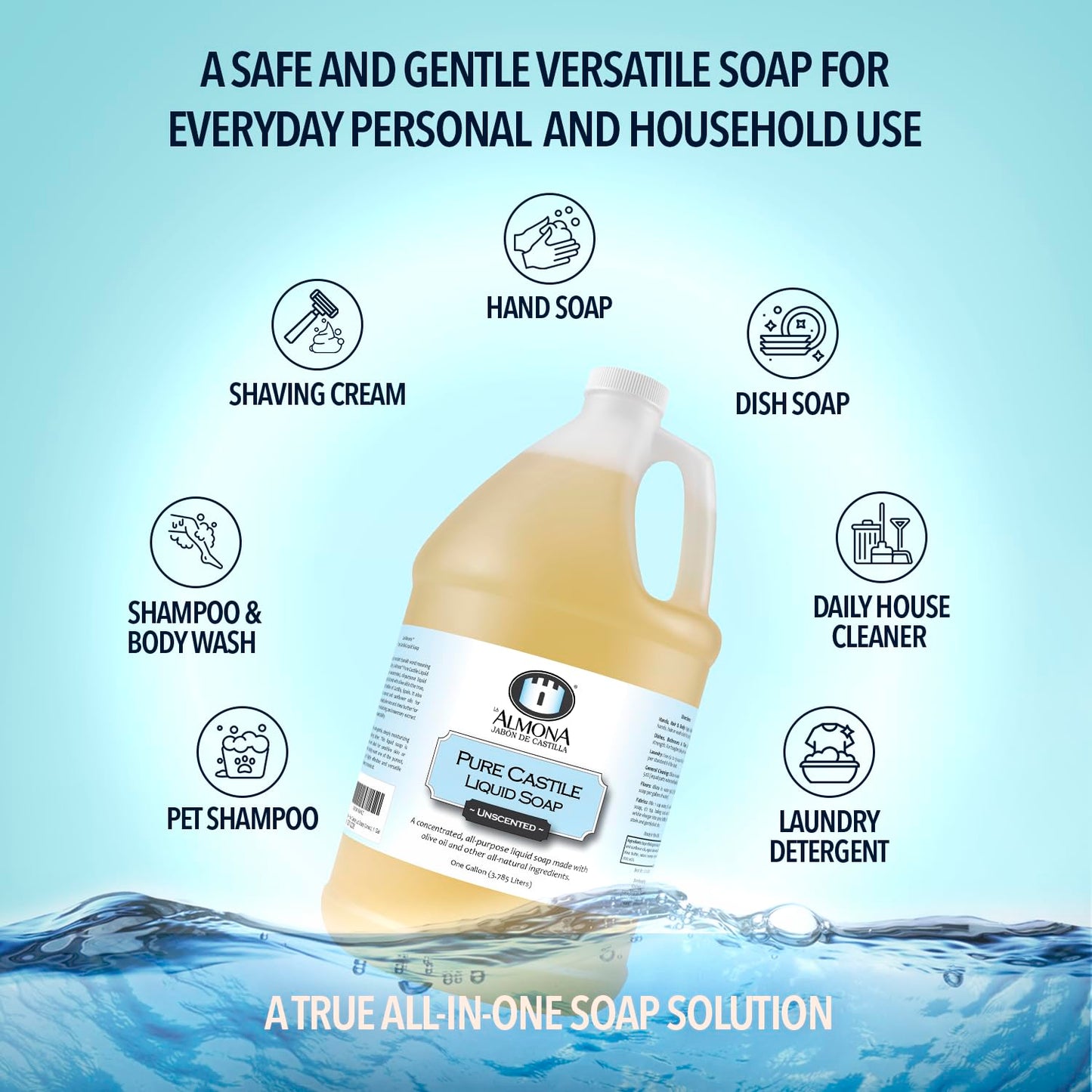 Pure Castile Liquid Soap, UNSCENTED, 1 Gallon - Multipurpose: Hands, Face, Body, Laundry, Dishes & More - For Sensitive Skin, All-Natural Ingredients, Fragrance Free