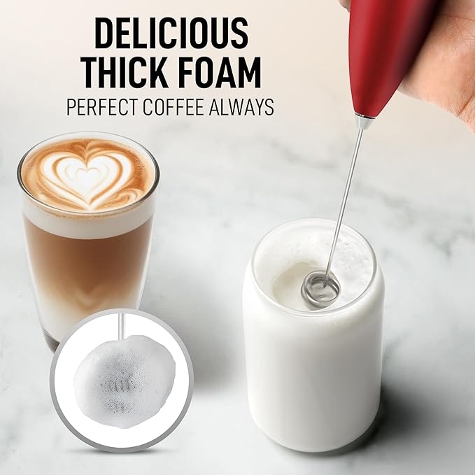 Zulay Kitchen Powerful Double Whisk Milk Frother Handheld - Foam Maker With Stand - Whisk Drink Mixer for Coffee, Mini Foamer for Latte, Matcha, Frappe, Hot Chocolate & Cappuccino (Cardinal Red)