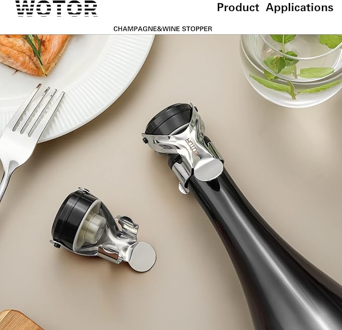 WOTOR Champagne&Wine Bottle Stoppers Stainless Steel with Food Grade Silicone, Leak Proof Keep Fresh Reusable Saver, Cork Suitable for Wine, Champagne, Cava, Prosecco and Sparkling (8 Pack Silver）