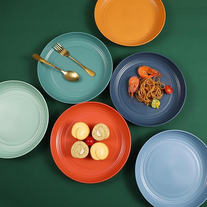 12 Pcs Unbreakable Deep Dinner Plates Set, 10 inch Reusable Plastic Wheat Straw Plates, Microwave and Dishwasher Safe Plate for Kitchen, Lightweight Plate for Dessert, BPA Free, 4 Colors