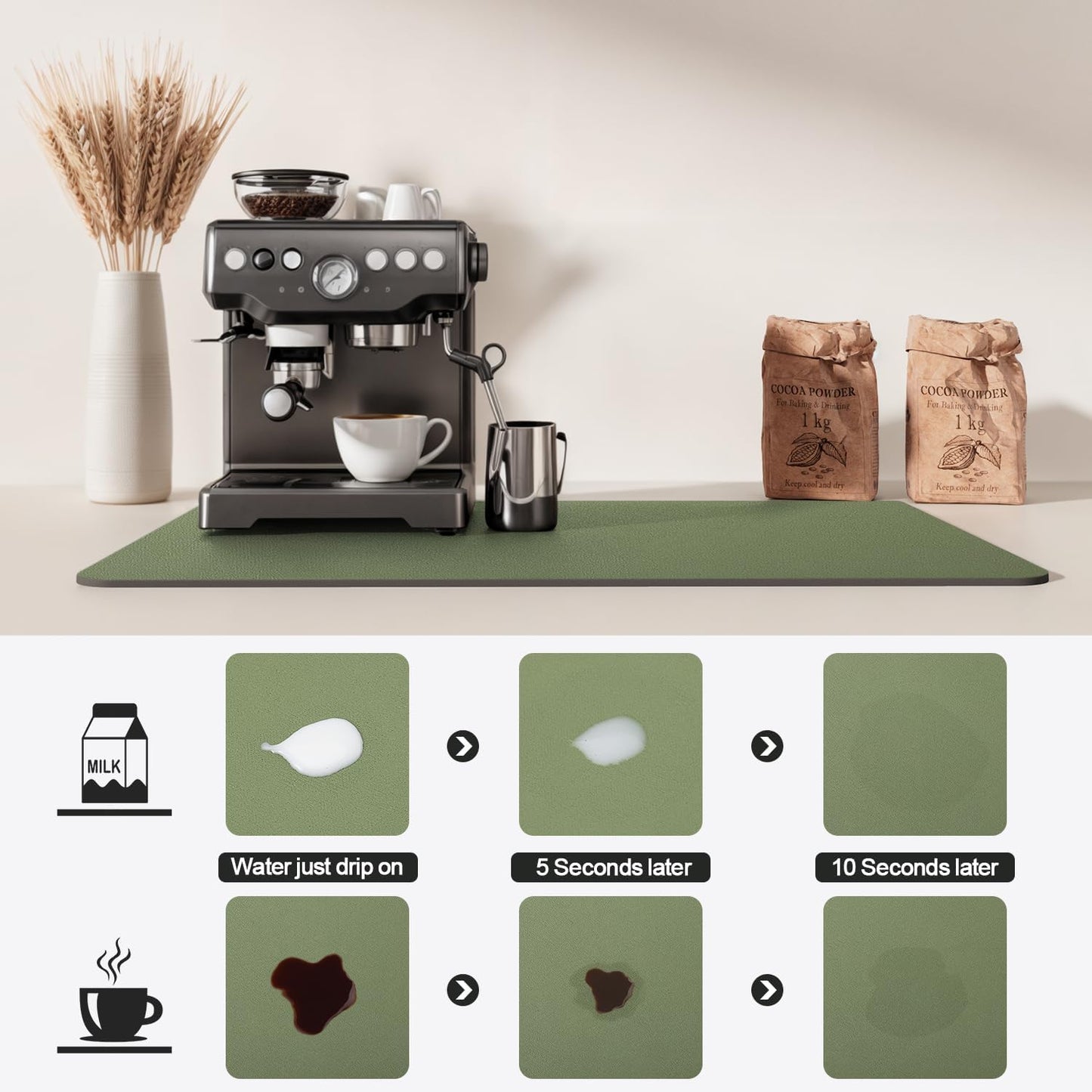 Dish Drying Mat for Kitchen Counter | Coffee Bar Mat for Countertops | Heat Resistant Drainer Mat with Non-slip Rubber Backed | Hide Stain Kitchen Absorbent Draining Mat | Green 18"x24"