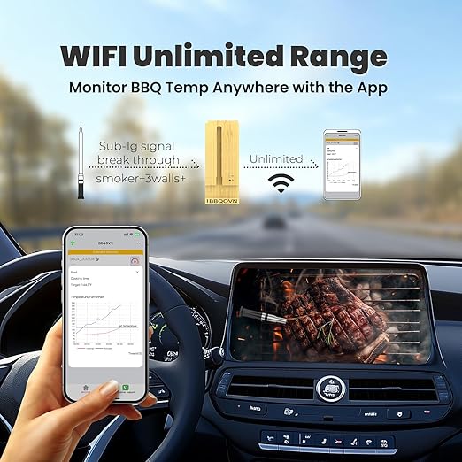 WIFI Wireless Meat Thermometer Unlimited Range 7 NIST Certified Accuracy Sensors Sub-1g(10x Stronger than Bluetooth)APP&Magnetic Smart Digital Base for BBQ,Oven,Smoker,Grill (1, black, small)