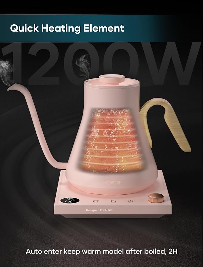 INTASTING Electric Kettle, Gooseneck Electric Kettle, ±1℉ Precise Temperature Control, Stainless Steel Interior, Quick Heating for Pour Over Coffee, Tea & Boiling Water, 0.9L (Pink)