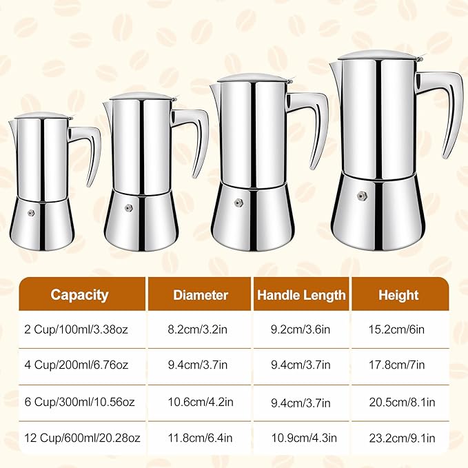 No Coating 6 Cup Thickened 304 Stainless Steel Moka Pot Stovetop Espresso Maker Italian Coffee Machine 300ml 10.1oz Suitable for Gas Induction Stovetop Greca Coffee Maker Percolator