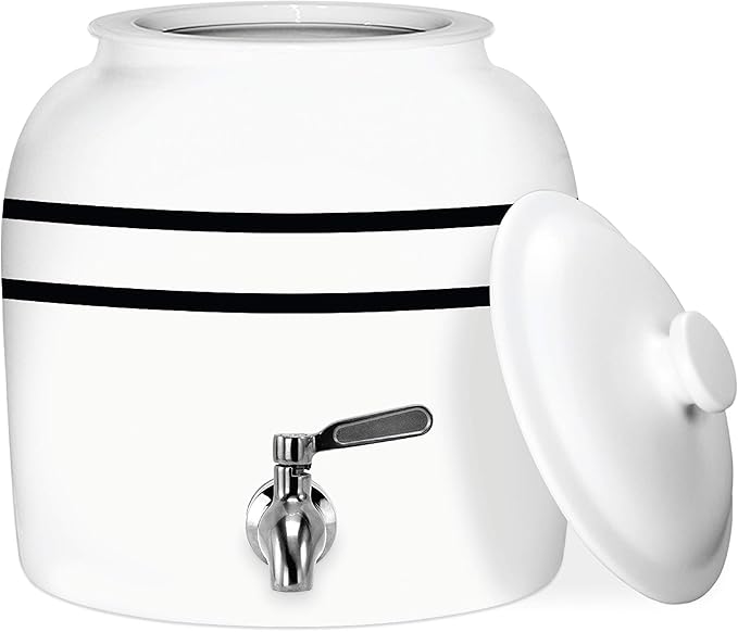 Geo Sports Bottles Geo Sports Porcelain Ceramic Crock Water Dispenser, Stainless Steel Faucet, Valve and Lid Included. Fits 3 to 5 Gallon Jugs. BPA Free (Black Stripe)