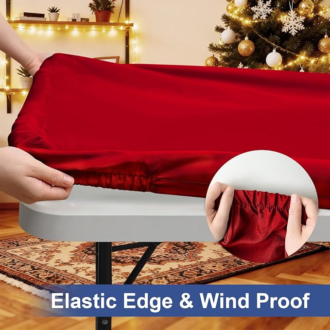 homing Rectangle Table Cloth Cover, Waterproof Polyester Elastic Fitted Tablecloth, Fits for 8 Foot Folding Tables, Washable Table Protector for Christmas, Holiday, Party (Red, 30" x 96")