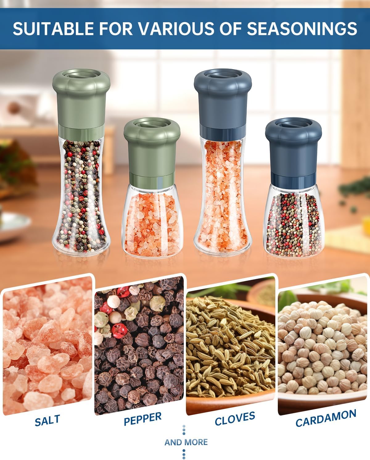 CIRCLE JOY Manual Salt and Pepper Grinder Set For Professional Chef, Refillable Salt and Pepper Shakers with Ceramic Blades, Adjustable Coarseness and BPA-free 180ml Glass Container, Tall Green