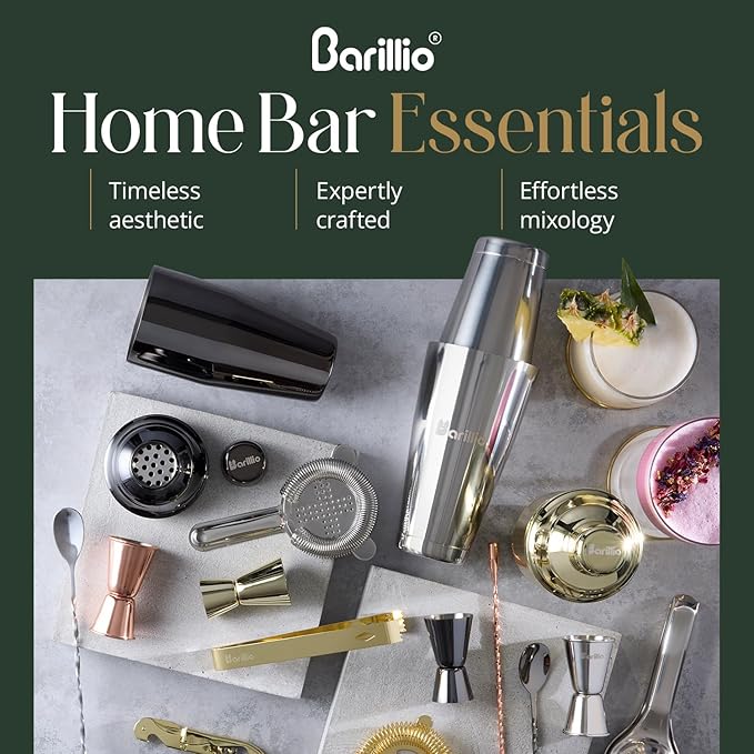 Barillio Rose Gold Bartender Kit - Stainless-Steel Cocktail Shaker Set w/Bamboo Stand - Mixology Bar Tools w/Drink Shaker, Mixer and Muddler for Cocktails - Home Bar Accessories - 23-Pc Bar Set