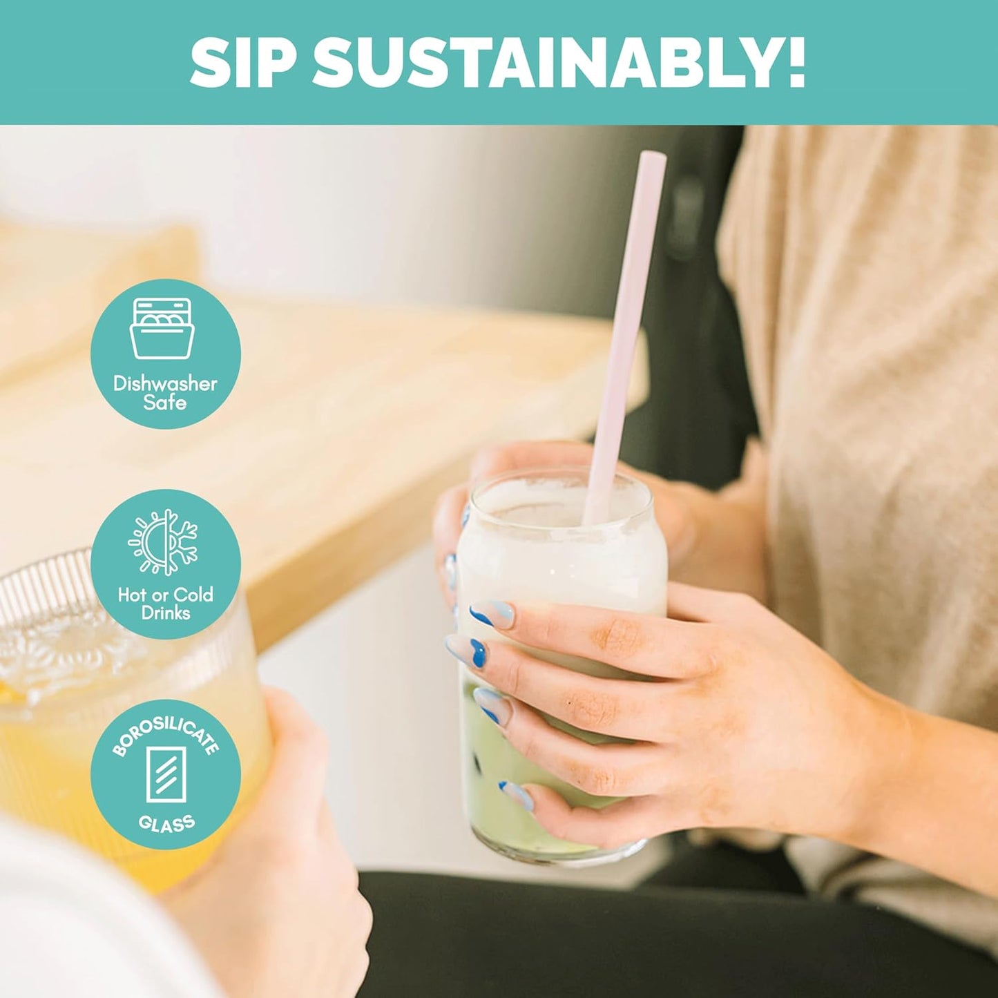 Simply Straws 8 Inch Glass Straws Straight (6-Pack) – Reusable Glass Straws for Pints & Juice Drinkware, with Cleaning Brush – Dishwasher Safe, Hot & Cold Use, BPA-Free (Seaglass)