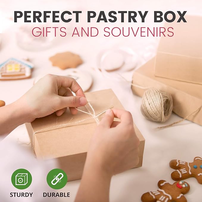 Fit Meal Prep 25 Pack Kraft Bakery Boxes, 8 x 8 x 3 Inches Brown Pastry Boxes, Cardboard Treat Boxes Pie Boxes Cookie Boxes Dessert Boxes for Cupcakes, Chocolates, Donuts, Macarons