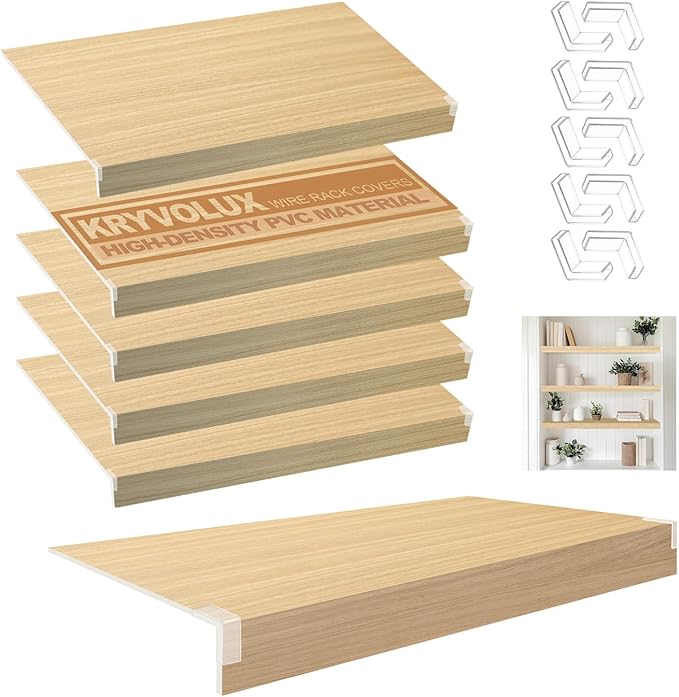 5 Pcs Wire Rack Covers 35x12x3 inch PVC Pantry Shelf Cover 0.31 inch Thick Removable Closet Wire Rack Shelf Covers,Decoration Kitchen Bathroom Office Shelving (Wood Color,35x12x3 inch)