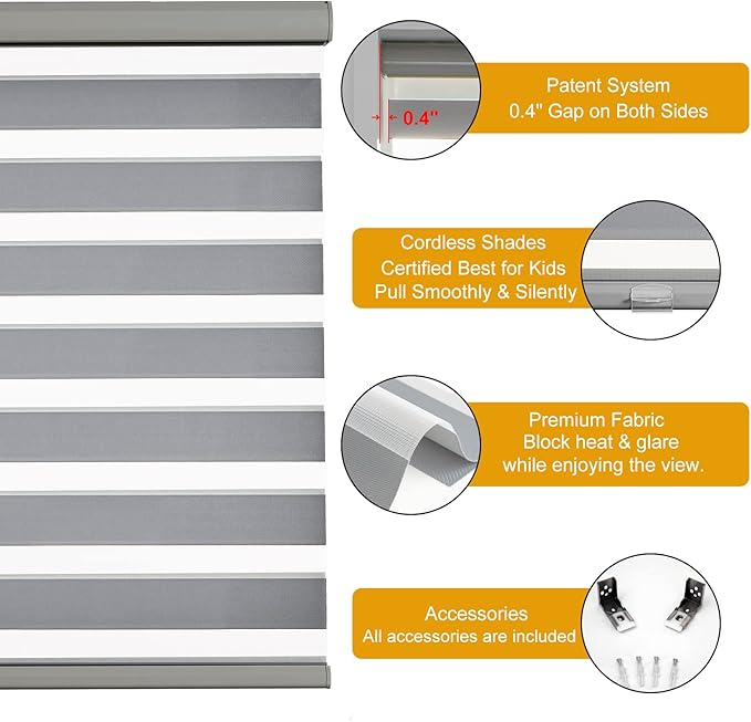 Persilux Cordless Zebra Blinds for Windows Free-Stop Window Blinds (35" W X 47" H, Grey) Dual Layer Light Control for Day and Night, Light Filtering Sheer Shades for Home, Easy to Install