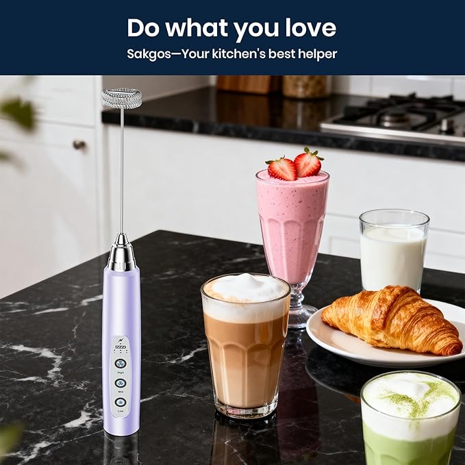 Sakgos Milk Frother Handheld Rechargeable - Electric Whisk 3 Speed Adjustable, Coffee Frother Wand with 3 Stainless Whisks, Electric Foam Maker, Drink Mixer Blender for Latte Cappuccino Matcha Egg
