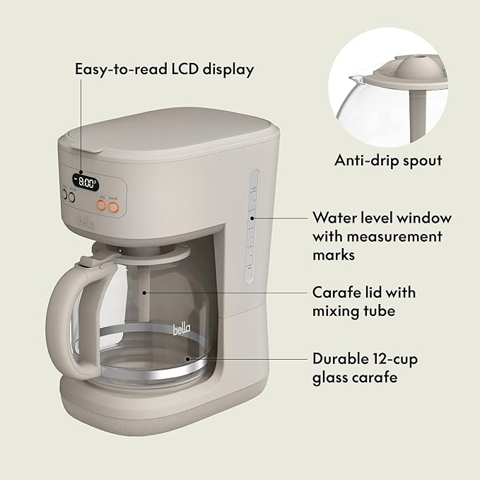 BELLA 12 Cup Programmable Coffee Marker, Reusable Dishwasher Safe Accessories, Easy LCD diaply, Auto Shutoff, 900 watt, Oatmilk