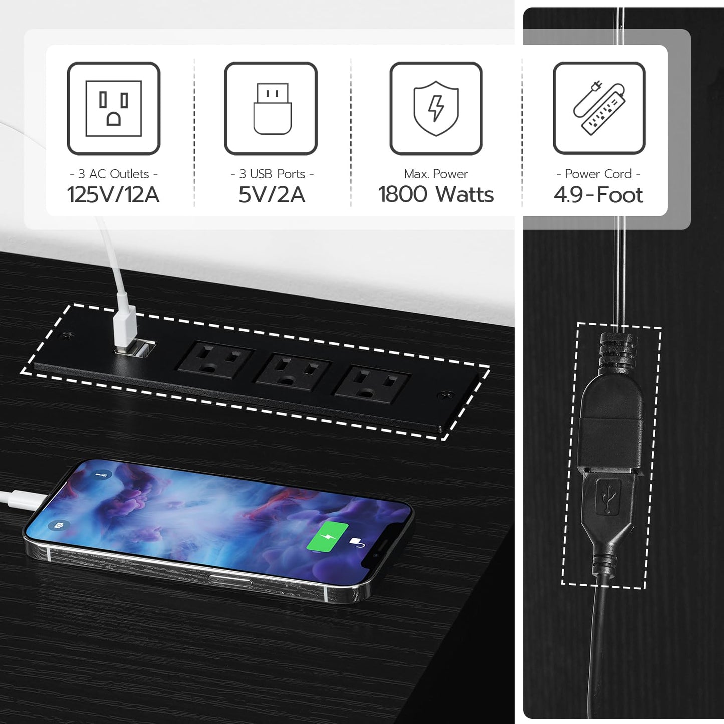 HOOBRO Electric Fireplace TV Stand with Charging Station and LED Lights, Black TV Stand with Fireplace for 32" 43" 50" 55" 65", Entertainment Center with Adjustable Glass Shelves, Black BK88UDDS01