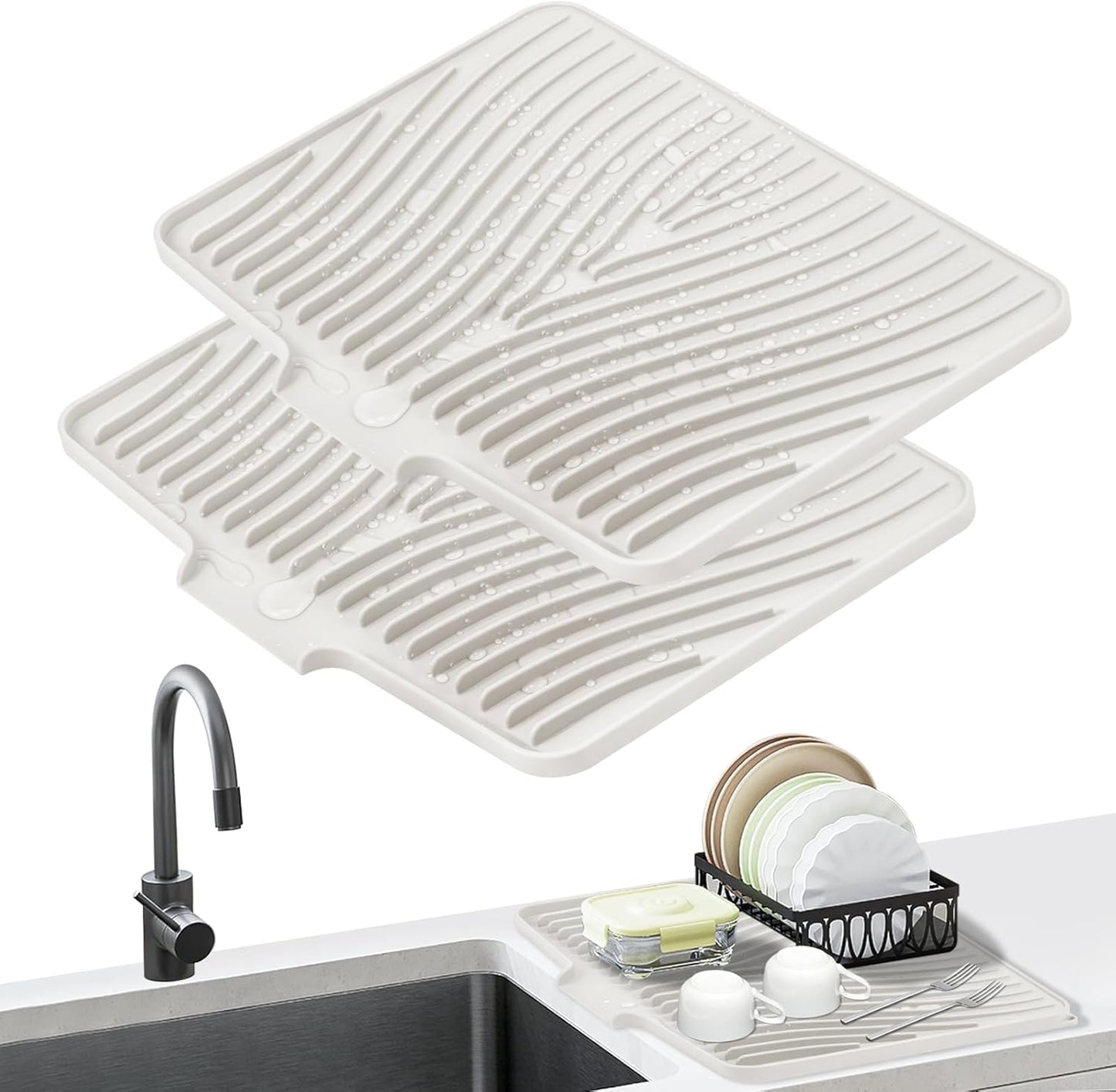 Dish Drying Mat, Stone Drying Mat for Kitchen Counter with Built-in Drain, Non-Slip Drying Matt Kitchen Counter, Heat Resistant Silicone Drying Mat, Dish Drying Pad, 2 Pcs(15.8"X 13", Cream)