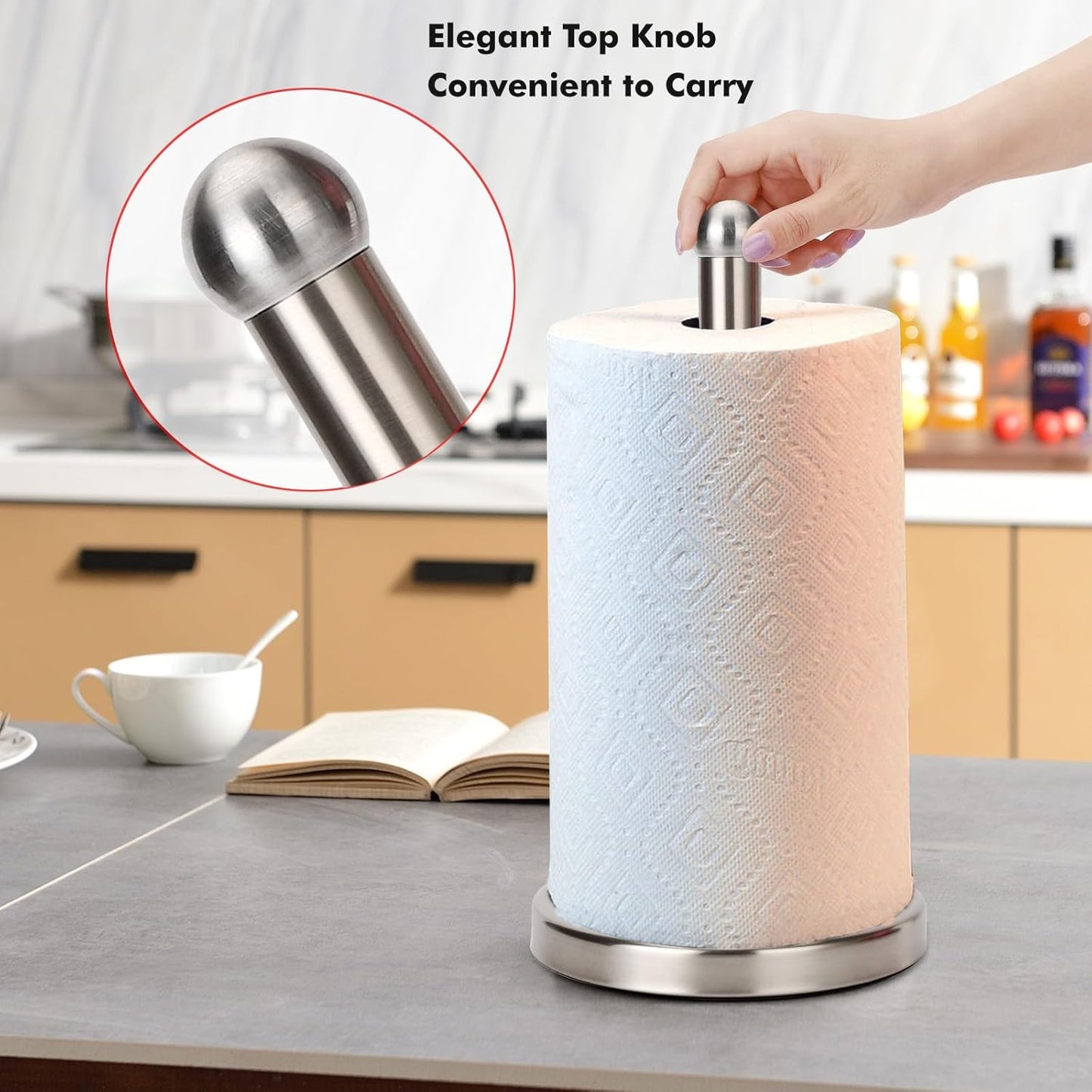 Paper Towel Holder Stand with Sturdy Base Fits Standard and Jumbo Sized Paper Towel, Paper Towel Holder Countertop (Brushed Nickel)