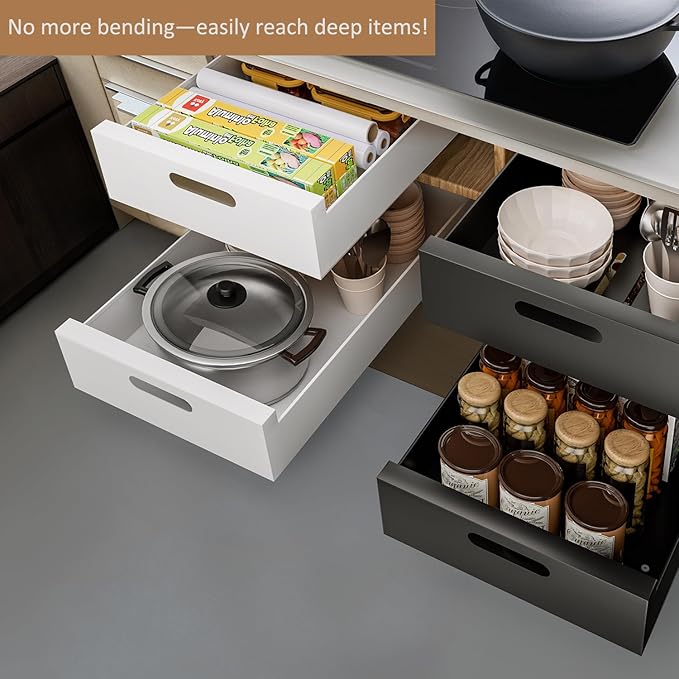 HBL' 1 Pack | 21" Deep Pull Out Cabinet Organizer Adhesive, 10-Inch Wide Sturdy Carbon Steel Roll-Out Drawers for Face Frame or Frameless Cabinets,Slide-Out Shelves for Pantry.
