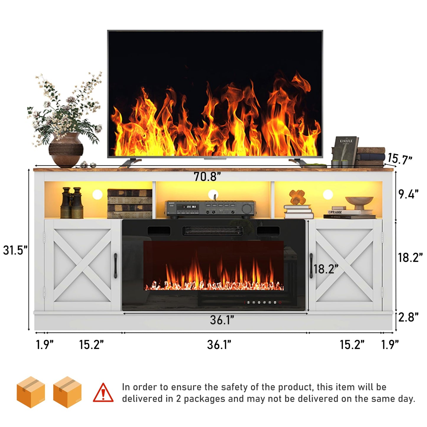 jiteentarou Farmhouse Fireplace TV Stand for 70/75/80 Inch TV, 32”Tall Entertainment Center w/ 36”Electric Fireplace and LED Light, 70”Media Console w/Barn Door Cabinet for Living Room, White