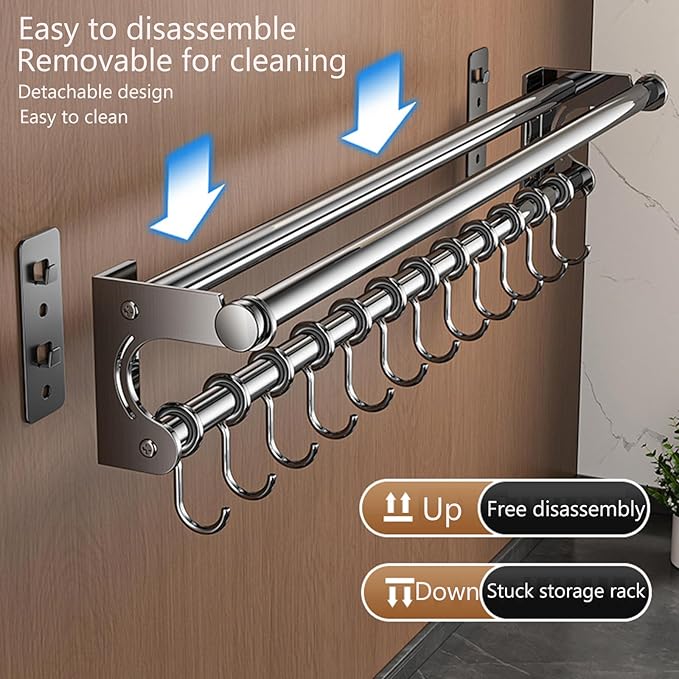 Hanging Wall Mount knife Wall Mount, Space-Saving Knife Rack with Hooks, Kitchen Organizer Storage Shelf for Utensils Spatula Spoon, Kitchen Utensil Hanger (Black, 50CM+10Hooks)