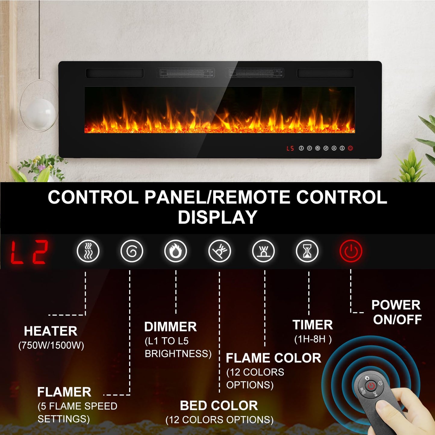 BREEZEHEAT 60" Ultra Thin Electric Fireplace Insert-ETL Certified, Recessed/Wall Mount, 3D Flame with Crystal, Remote & Touch, 750W/1500W (700 Sq.Ft), 8H Timer