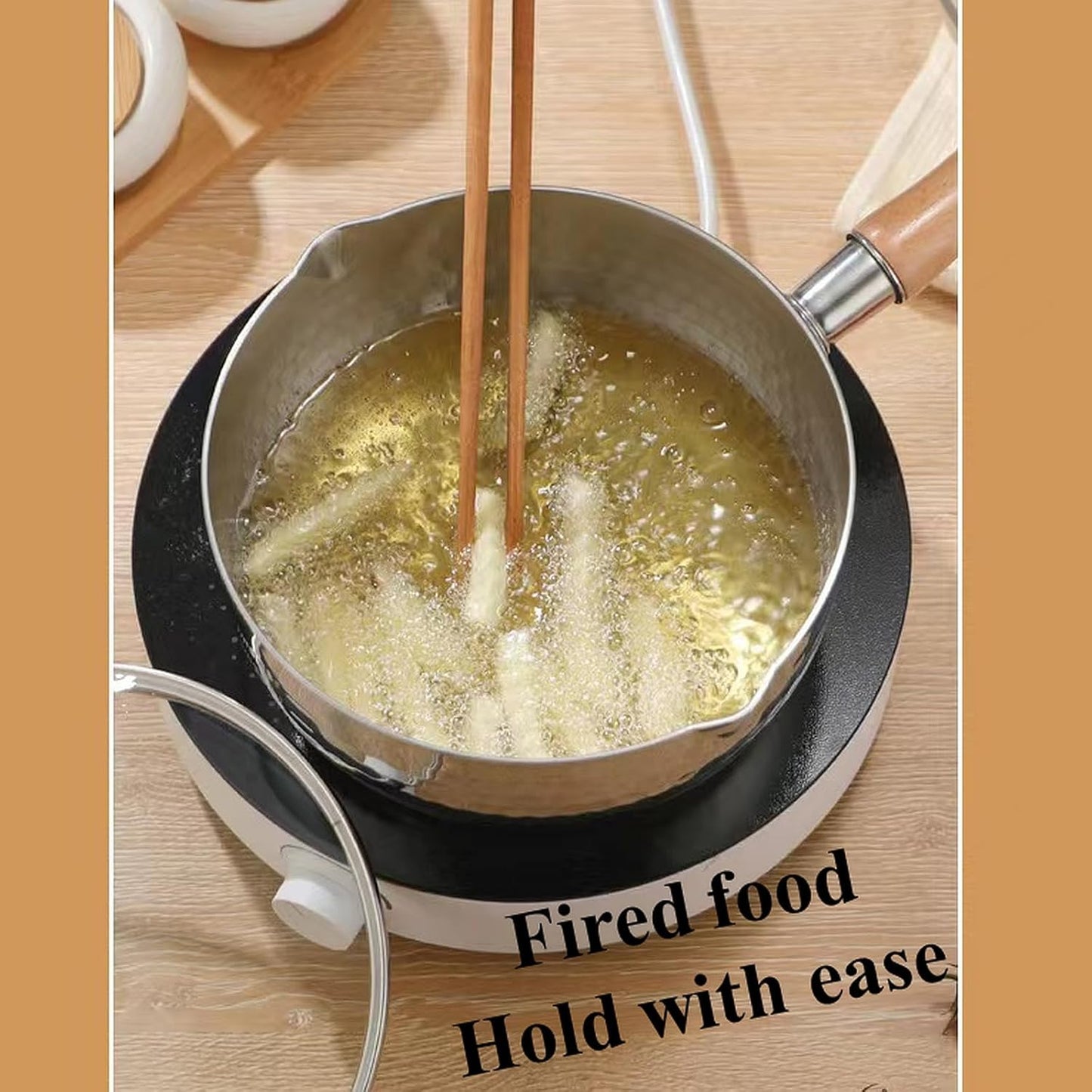 2.2 Quart Silver Stainless Steel Sauce Pot with Inverted Mouth, Solid Wood Handle, Hook, Lid, Suitable for Induction, Gas, Electric Stoves