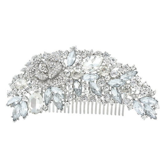 EVER FAITH Bridal Hair Accessories Crystal 5 Inch Rose Flower Bouquet Side Comb Clear Silver-Tone For Women