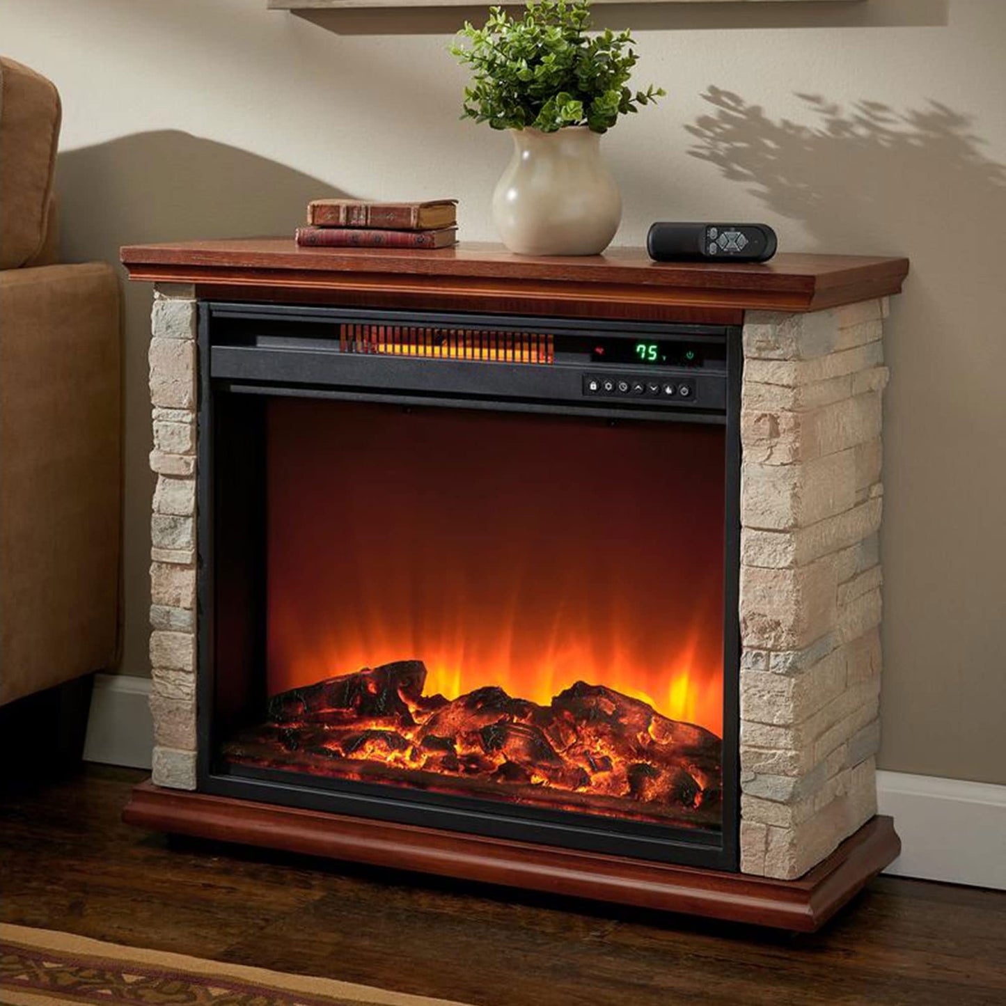 LifeSmart Electric Fireplace Heater w/ 3 Heating Elements, 1500W, Faux Stone & Oak Wood - Mounted Indoor Infrared Heater for Home, Bedroom, and Living Room