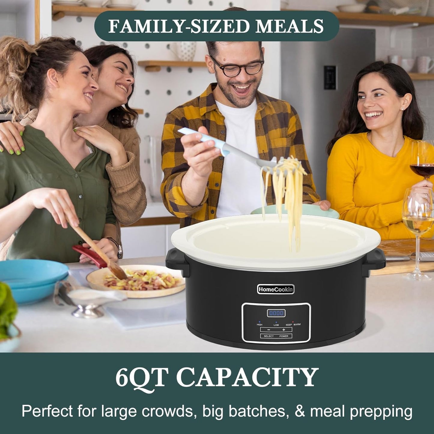 HOMECOOKIN 6-Quart Programmable Slow Cooker with Timer - Small Kitchen Appliance for Family Dinners - Serves 6+ People - Heat Settings: Keep Warm(Black)