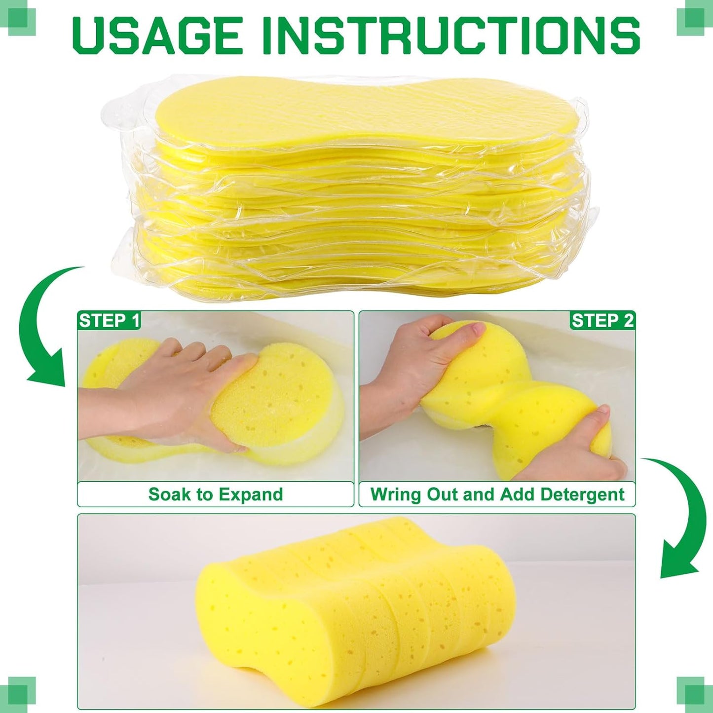 Vesici 24 Pack Car Wash Sponges Large Sponges Bulk Big All-Purpose Scrubber Thick Foam Car Cleaning Supplies for Washing Boat Kitchen Household with Single Vacuum Compressed Packing (Bright Yellow)