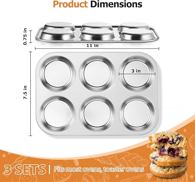 E-far Muffin Top Pan Set of 3, Stainless Steel 6-Cavity Shallow Cupcake Pan for Baking Whoopie Pie, Yorkshire Pudding, Eggs, Cornbread, Drop Cookies, Non-toxic & Standard Size, Oven & Dishwasher Safe